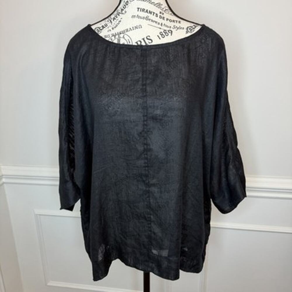 Pure Jill 100% Linen Blouse M 3/4 Sleeves Drop Shoulder Round Neck Semi-Sheer